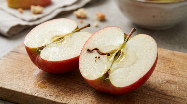 Aufgeschnittener roter Apfel mit einem Fraßgang des Apfelwicklers auf einem Holztisch