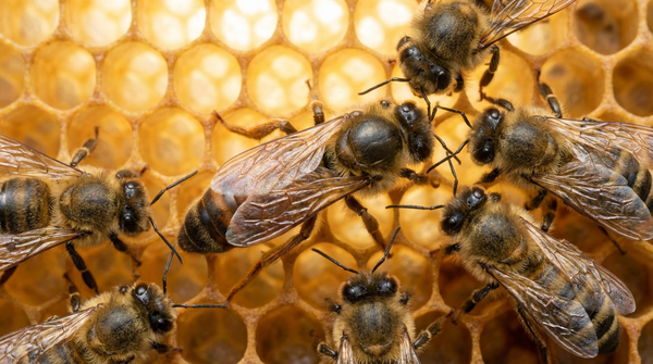 Eine große Bienenkönigin umgeben von ihrem Hofstaat aus Arbeiterinnen auf einer goldenen Bienenwabe