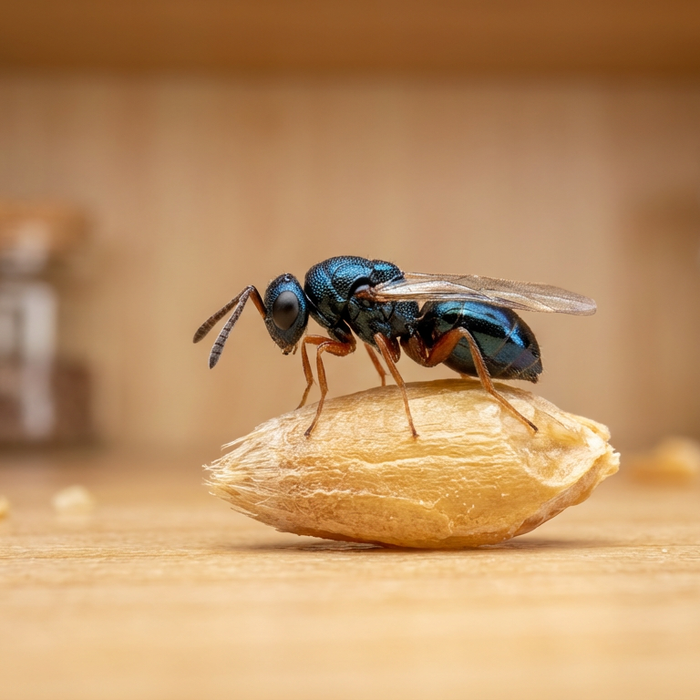 Nahaufnahme einer Lagererzwespe auf einem Weizenkorn zur biologischen Schädlingsbekämpfung