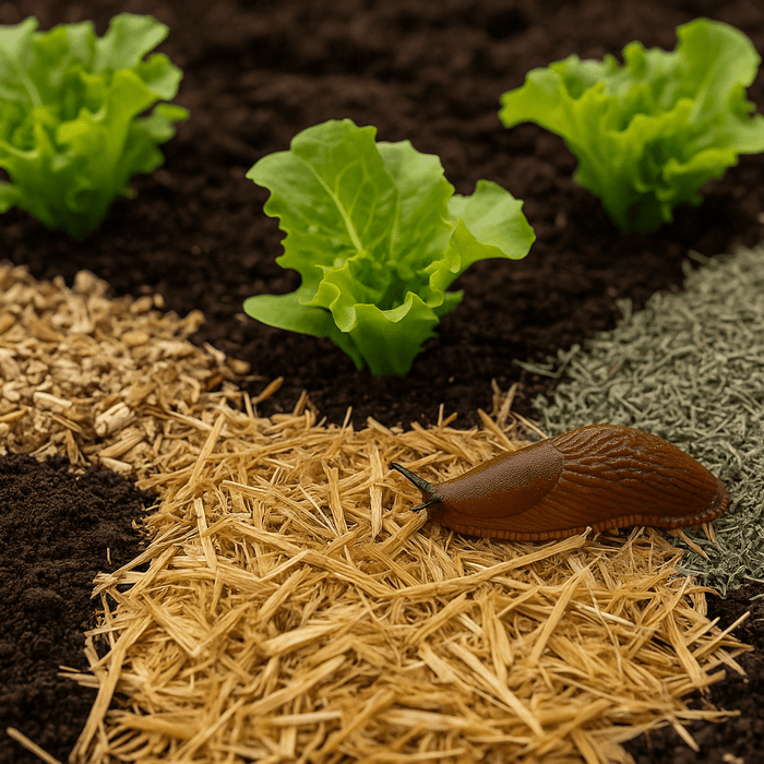 Gemüsebeet mit verschiedenen Mulchmaterialien – darunter Stroh, Kaffeesatz, Miscanthus und Kräuter – mit brauner Nacktschnecke im Vordergrund zwischen jungen Salatpflanzen