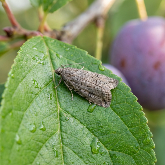Pflaumenwickler Falter ruht auf einem grünen Blatt eines Zwetschgenbaums