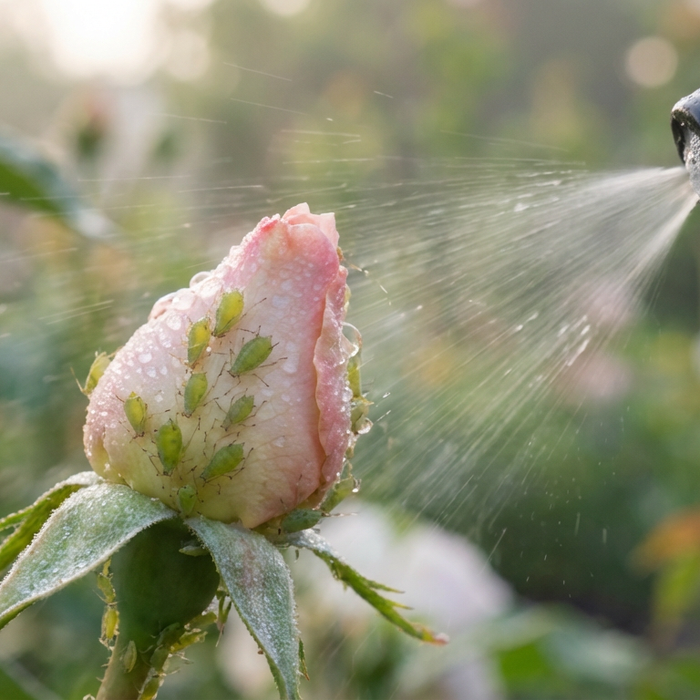 Nahaufnahme von Blattläusen auf einer Rosenknospe während der Behandlung mit einer Sprühflasche.
