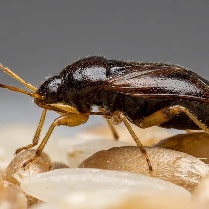 Nahaufnahme eines Lagerpiraten (Xylocoris flavipes) auf Getreidekörnern – ein nützliches Insekt gegen Schädlinge.