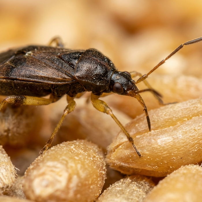 Lagerpirat Xylocoris flavipes auf Getreidekörnern