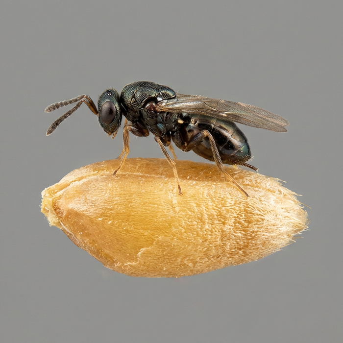 Nahaufnahme einer Lagererzwespe auf einem Weizenkorn zur biologischen Schädlingsbekämpfung