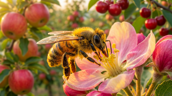 Eine Honigbiene bestäubt eine Blüte vor einem Obstgarten, was die Wichtigkeit von Bienen für unsere Nahrungsmittelversorgung zeigt.