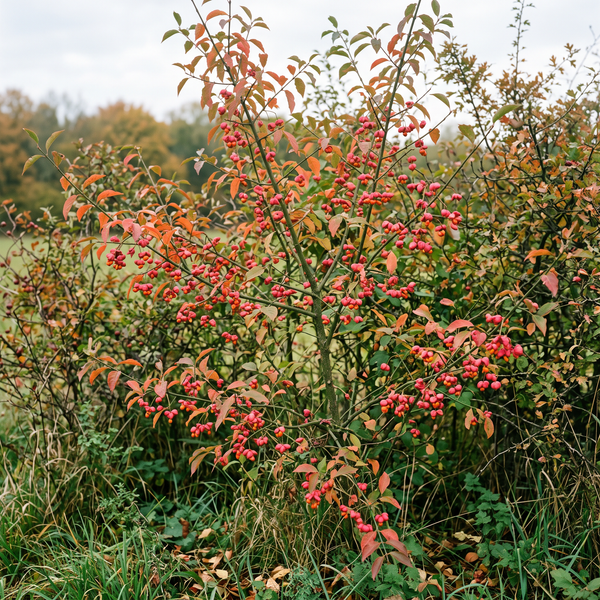 Pfaffenhütchen mit rosaroten Früchten und orangeroter Herbstfärbung als Wildstrauch in der Hecke – KI-generierte Beispielabbildung