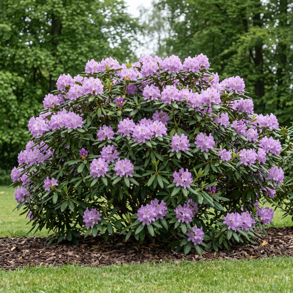 Rhododendron 'Boursault' mit lila Blüten als wüchsiger, blühender Strauch im Gartenbeet – KI-generierte Beispielabbildung