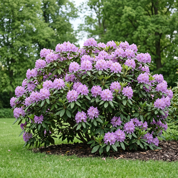 Rhododendron 'Catawbiense Grandiflorum' mit lilavioletten Blüten als blühender Strauch im Gartenbeet – KI-generierte Beispielabbildung