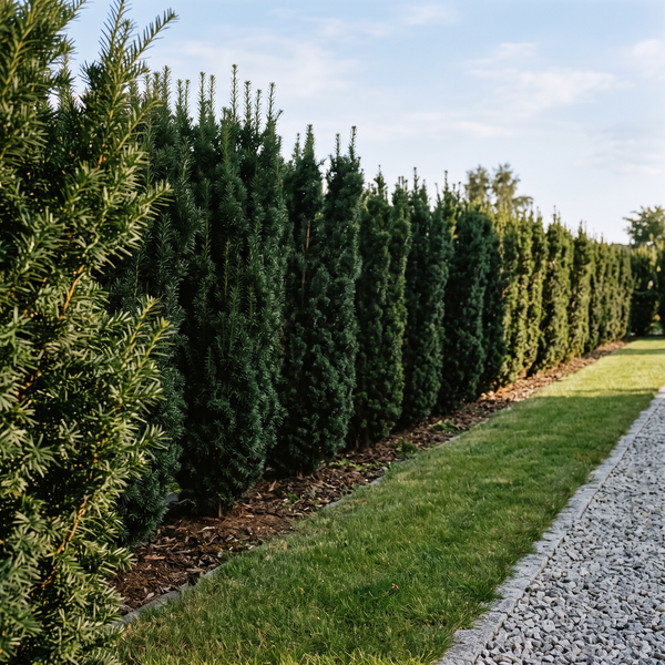 Säulen-Eibe 'Fastigiata' als schmale, dunkelgrüne Hecke aus Säulen, etwa 1,8 m hoch, im Garten – KI-generierte Beispielabbildung