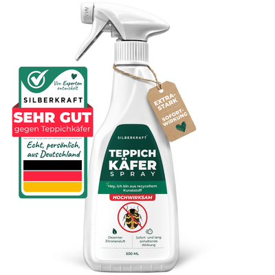 Silberkraft Teppichkäfer Spray 500 ml – Sprühflasche mit grünem Etikett, hochwirksam gegen Teppichkäfer, Sofort- und Langzeitwirkung, dezenter Zitronenduft