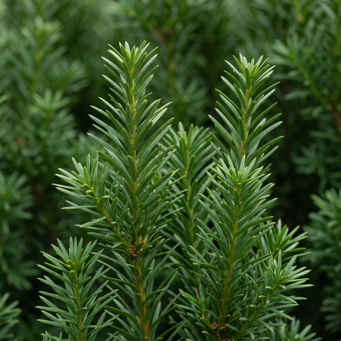 Nahaufnahme Becher-Eibe 'Hicksii' (Taxus × media 'Hicksii'): Nadeln – KI-generierte Beispielabbildung