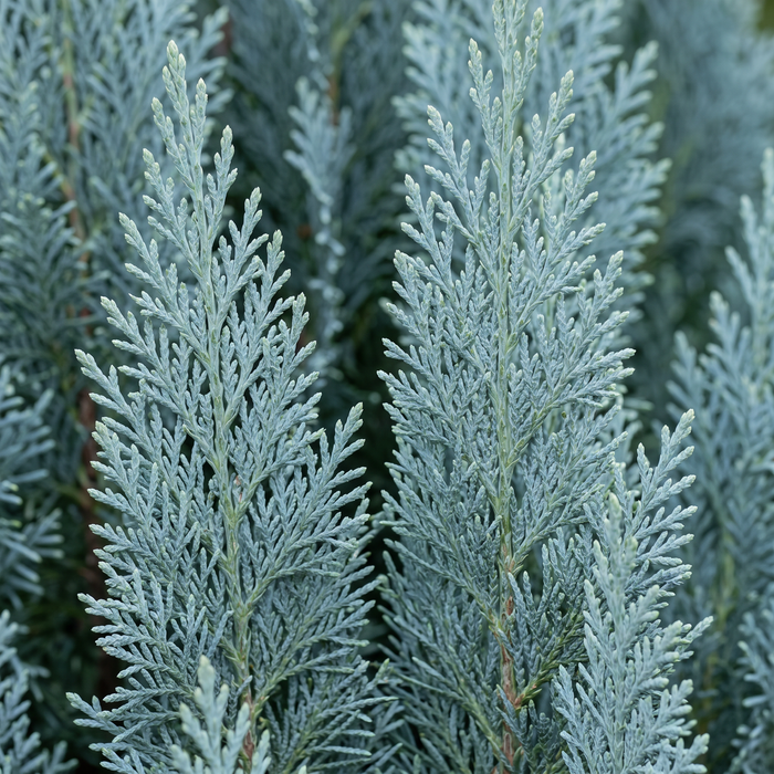 Nahaufnahme Blaue Säulen-Scheinzypresse 'Columnaris' (Chamaecyparis lawsoniana 'Columnaris'): Zweige mit Schuppenblättern – KI-generierte Beispielabbildung
