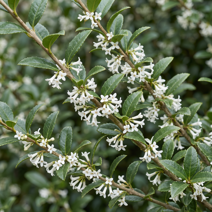 Nahaufnahme Duftblüte (Osmanthus × burkwoodii): kleine weiße Blüten und ledriges Laub – KI-generierte Beispielabbildung
