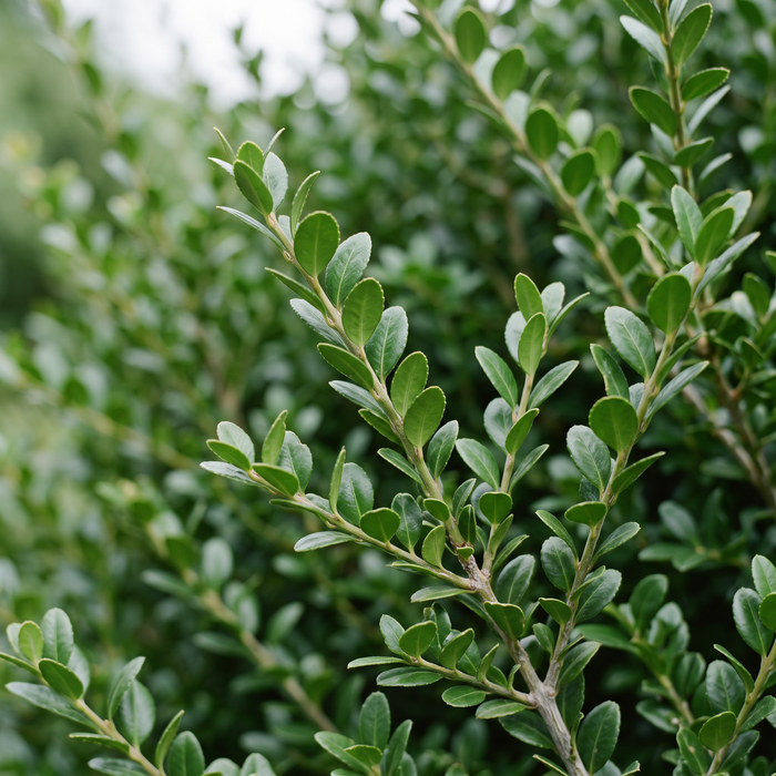 Nahaufnahme Japanische Stechpalme 'Green Hedge' (Ilex crenata 'Green Hedge'): Blätter und Triebe – KI-generierte Beispielabbildung