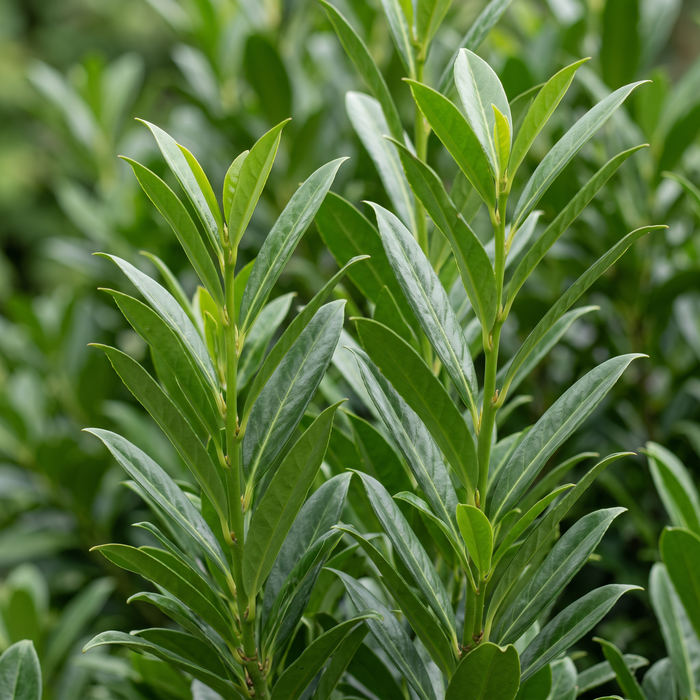 Nahaufnahme Kirschlorbeer 'Genolia' (Prunus laurocerasus 'Mariblon' (Genolia®)): Blätter und Triebe – KI-generierte Beispielabbildung