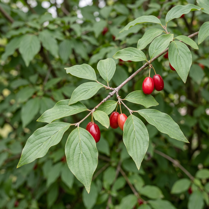 Nahaufnahme Kornelkirsche (Cornus mas): Blätter und rote Kornelkirschen im Spätsommer – KI-generierte Beispielabbildung