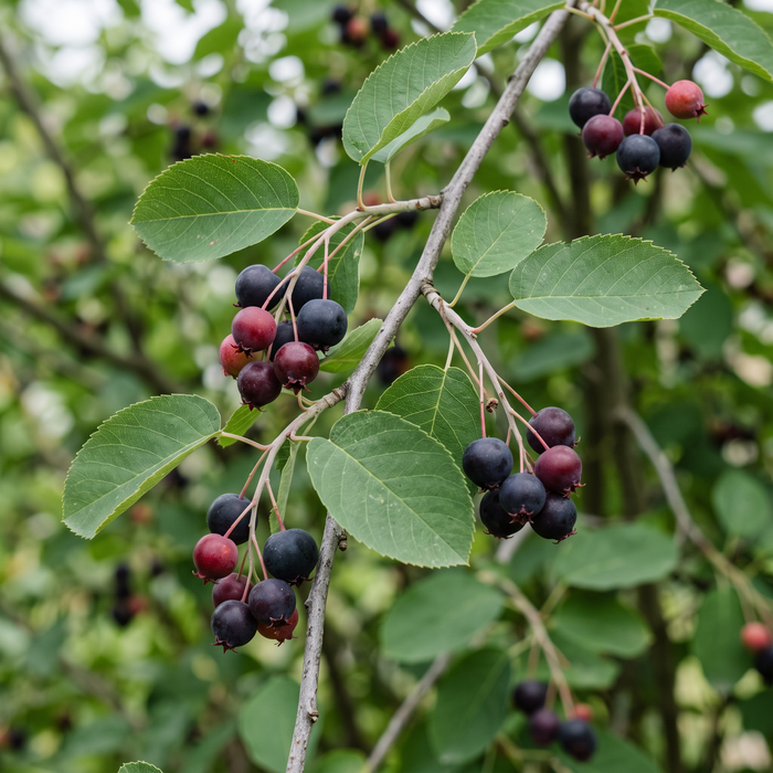 Nahaufnahme Kupfer-Felsenbirne (Amelanchier lamarckii): Blätter und reife, dunkle Beeren im Frühsommer – KI-generierte Beispielabbildung