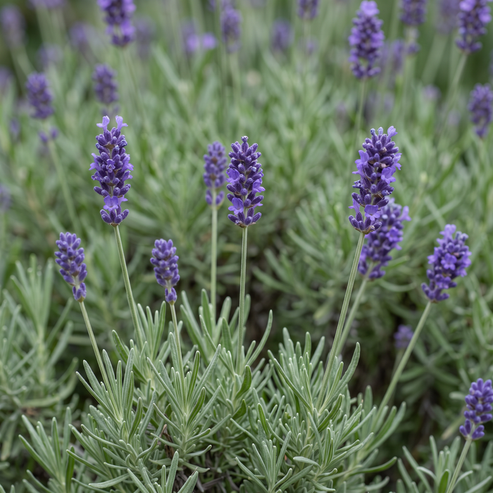 Nahaufnahme Lavendel 'Dwarf Blue' (Lavandula angustifolia 'Dwarf Blue'): violettblaue Blütenähren – KI-generierte Beispielabbildung