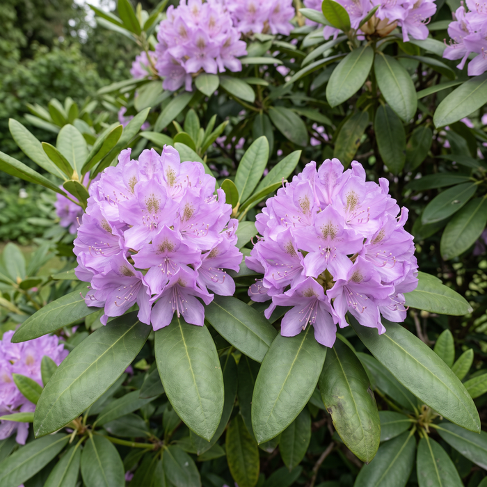 Nahaufnahme Rhododendron 'Boursault' (Rhododendron (Catawbiense-Hybride) 'Boursault'): Blütenstand – KI-generierte Beispielabbildung