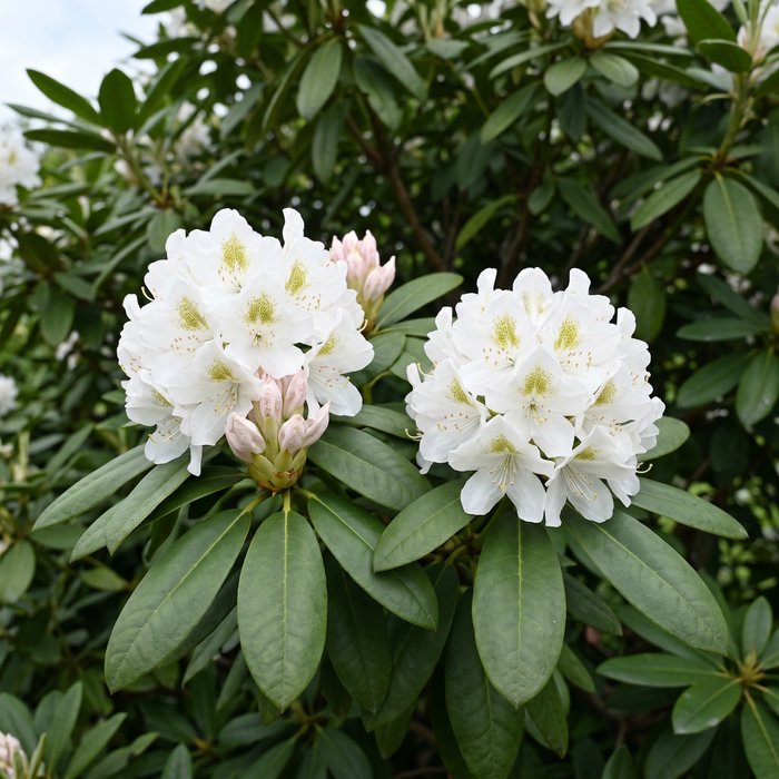 Nahaufnahme Rhododendron 'Cunningham's White' (Rhododendron (Caucasicum-Hybride) 'Cunningham's White'): Blütenstand – KI-generierte Beispielabbildung