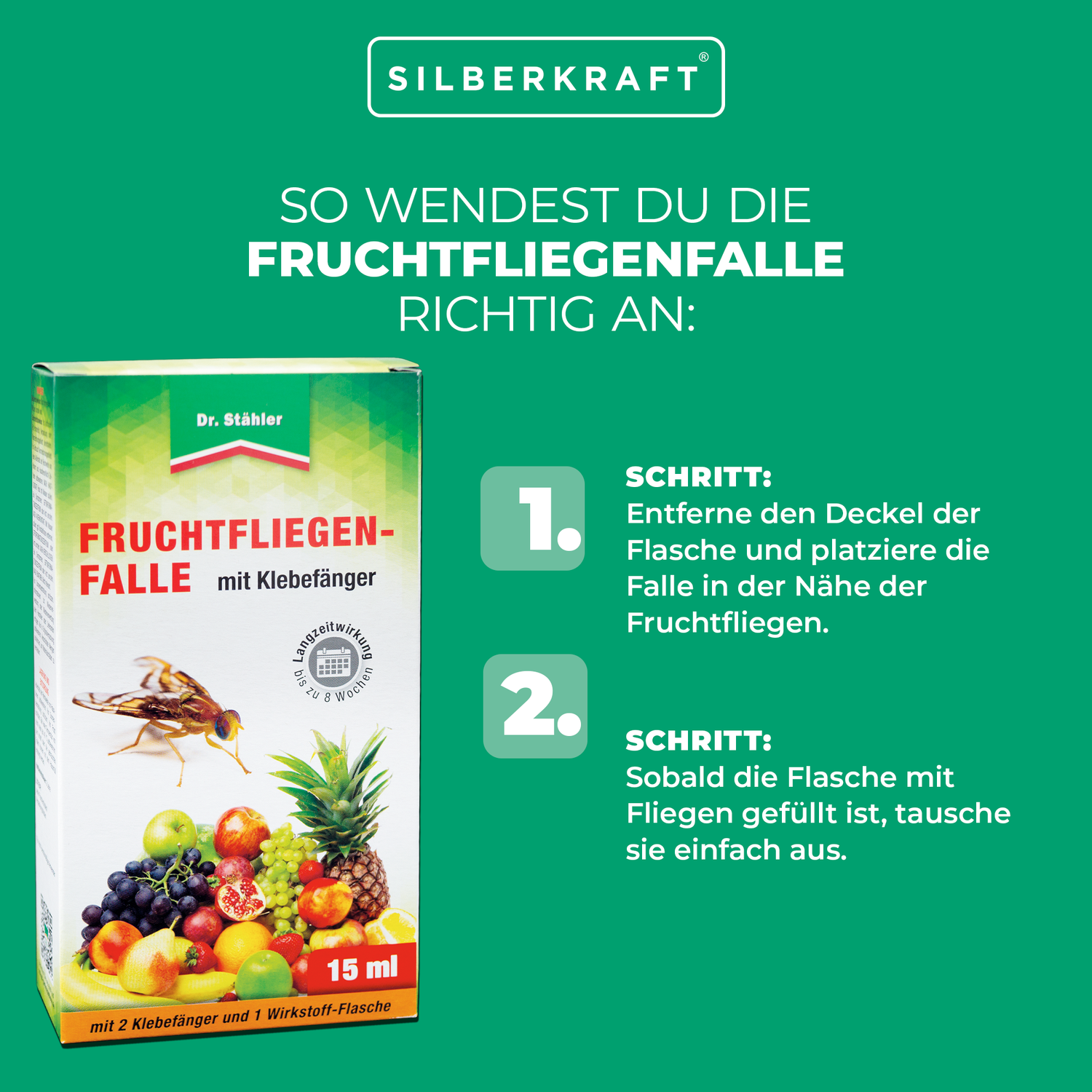 Fruchtfliegenfalle mit Klebefänger - Lockstoffwirkung - Silberkraft