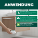 Anwendung der Silberkraft Silberfisch-Köderdose: 1. Dose öffnen und Folie entfernen, 2. flach in Ecke oder unter Schrank platzieren, 3. regelmäßig kontrollieren und alle 3–4 Monate ersetzen