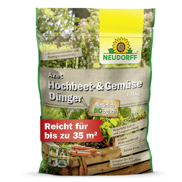 Vorderseite der Verpackung vom Neudorff Azet Hochbeet- und Gemüse Dünger