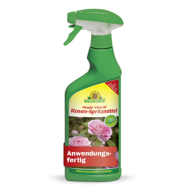 Vorderseite der grünen Sprühflasche des Neudo-Vital AF Rosen-Spritzmittels mit Etikett und Rosenmotiv