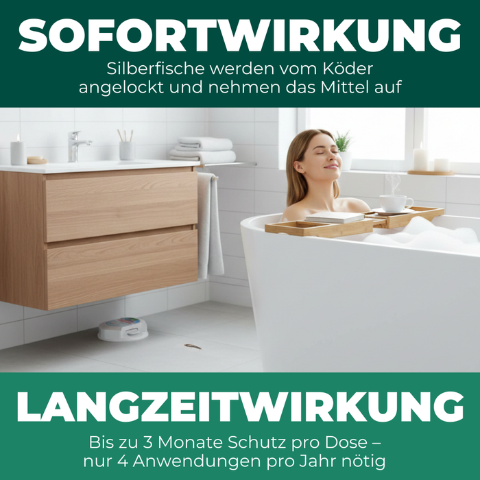Entspannte Frau in Badewanne genießt silberfischfreies Badezimmer dank Silberkraft Köderdose im Hintergrund – sofort- und langzeitwirksame Bekämpfung von Silberfischen