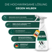 Silberkraft Hasen & Kaninchen Milben Spray – Hochwirksame Lösung gegen Milben. Sprühflasche mit grün-weißem Etikett und Anhänger. Vorteile im Überblick: Sofort- und Langzeitschutz gegen Neubefall, anwendbar auf Fell und Oberflächen, Zitronenduft, auf Wasserbasis ohne Permethrin, registriert in der eBioMeld-Datenbank, hergestellt in Deutschland mit recyceltem Plastik.