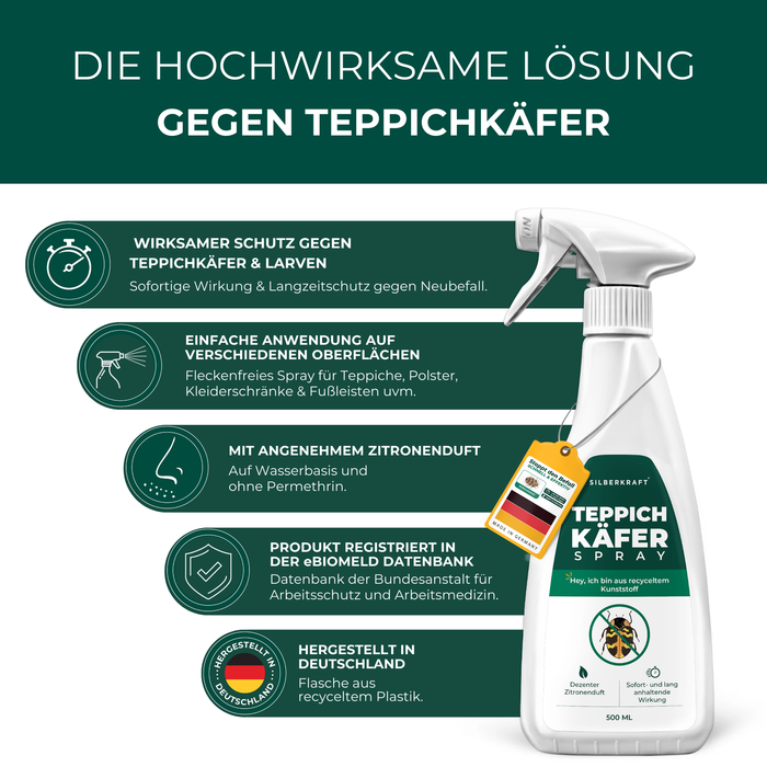 Hochwirksame Lösung gegen Teppichkäfer mit Vorteilen wie sofortigem Schutz, einfacher Anwendung, angenehmem Zitronenduft, Registrierung in der eBiomeld-Datenbank und Herstellung in Deutschland.
