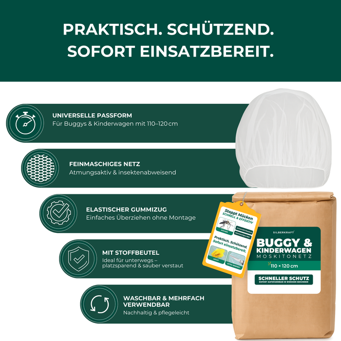 Moskitonetz Kinderwagen & Buggy - universeller Insektenschutz für Babys unterwegs - Feinmaschiges Netz, leicht & reisetauglich - Silberkraft