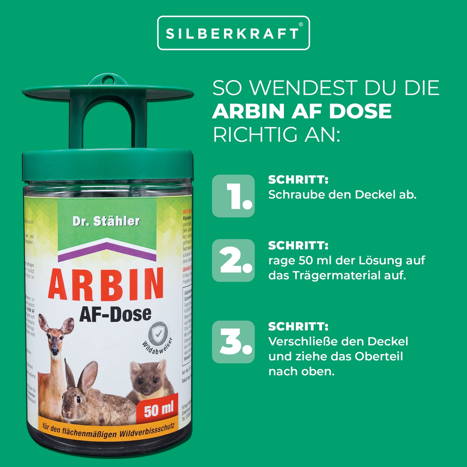 Arbin AF Dose: Effektive Wildabwehr vor Rehwild, Rotwild, Hasen, Kaninchen und Mardern - Silberkraft