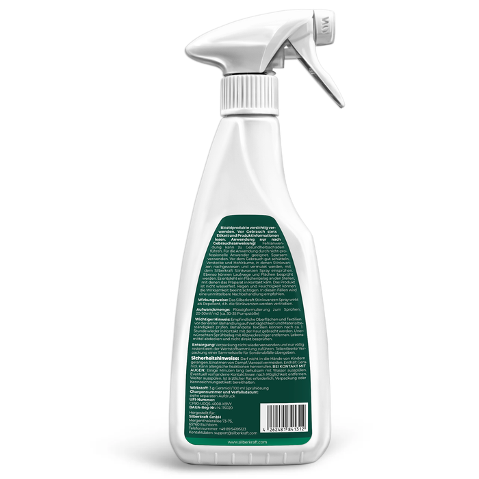 Rückseite der Silberkraft Stinkwanzenspray-Flasche, um das Produkt aus verschiedenen Perspektiven zu zeigen.