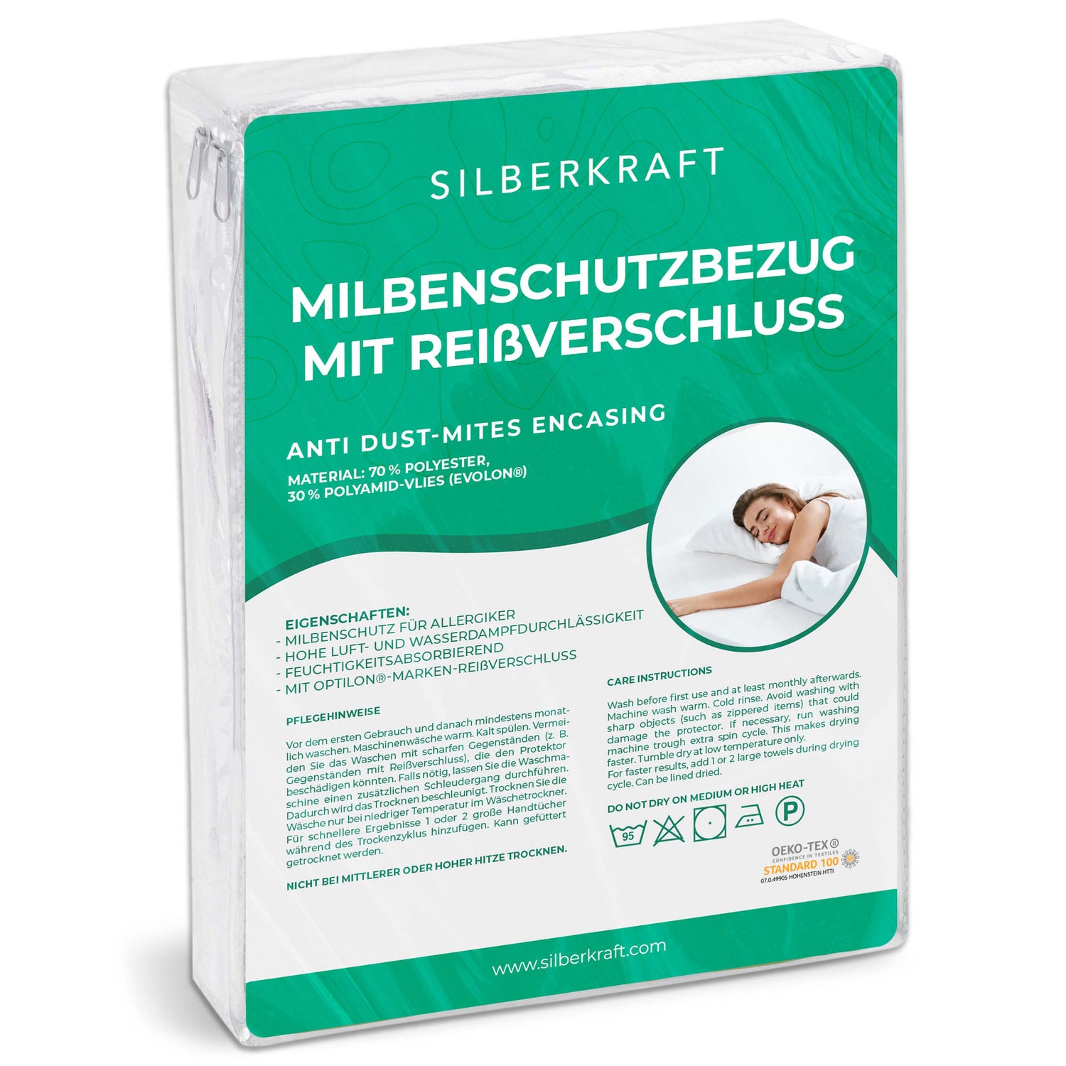 Anti-Milben-Bezug - Matratzenvollschutz mit Reissverschluss - Silberkraft