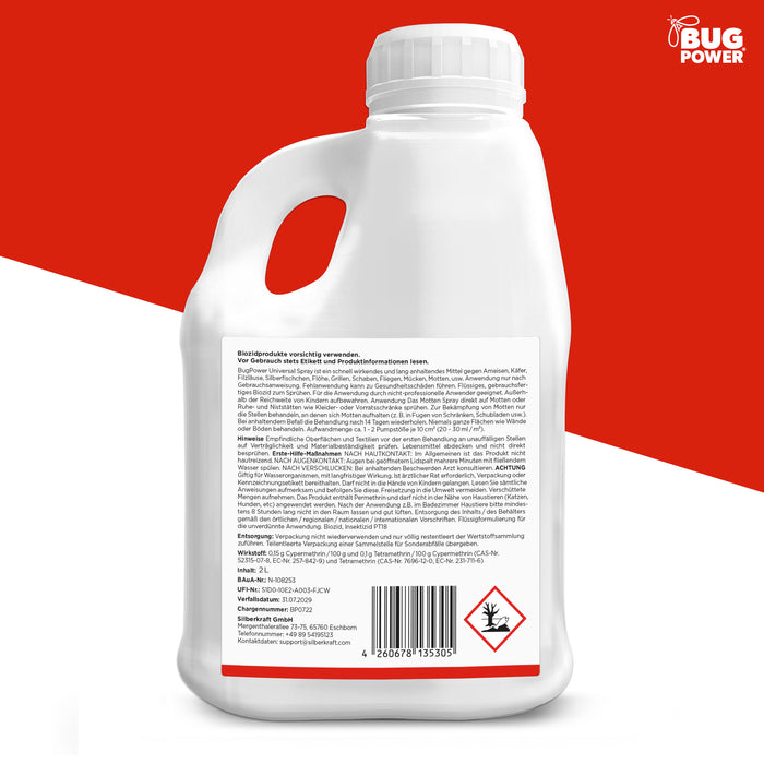 BugPower Mottenspray gegen Kleider- & Lebensmittelmotten - mit Knock-down-Effekt - Silberkraft