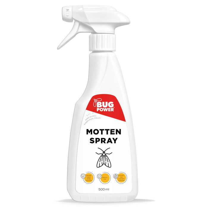BugPower Mottenspray gegen Kleider- & Lebensmittelmotten - mit Knock-down-Effekt - Silberkraft
