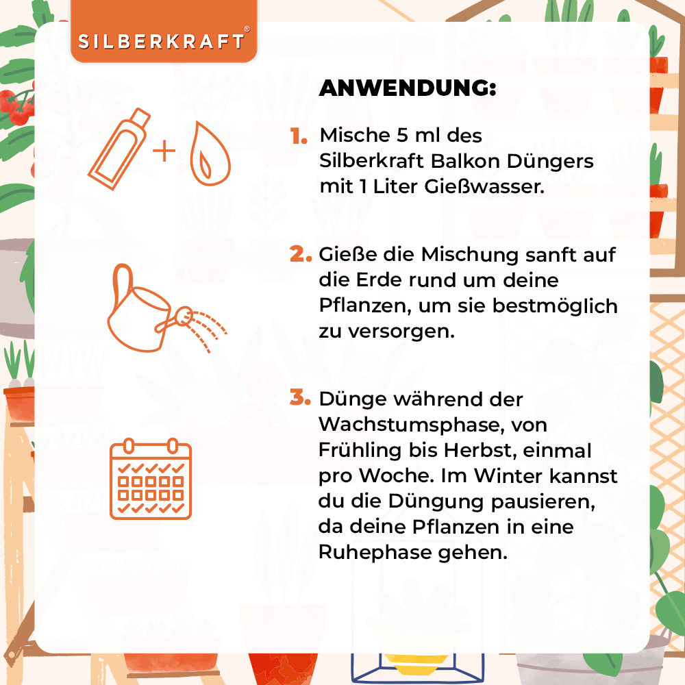 Balkon Dünger - Mineralischer NPK Flüssigdünger mit Stickstoff - Dünger für Kübelpflanzen - Balkonpflanzen düngen - Langzeitdünger - Silberkraft