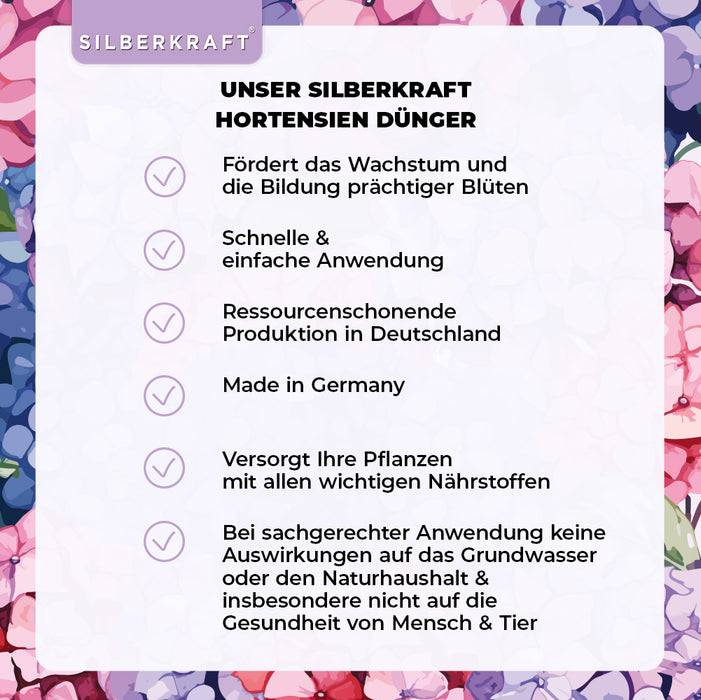Hortensien Dünger - Mineralischer NPK Flüssigdünger mit Stickstoff - Dünger für Hortensien - Hydrangea macrophylla Dünger - Silberkraft
