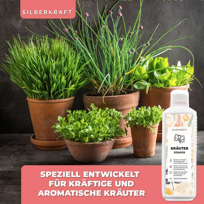 Kräuter Dünger - Mineralischer NPK Flüssigdünger mit Stickstoff - Dünger für Kräuter wie Basilikum, Rosmarin, Petersilie, Schnittlauch, Minze ,Salbei, Thymian und Liebstöckel - Silberkraft