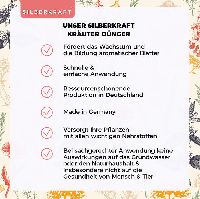 Kräuter Dünger - Mineralischer NPK Flüssigdünger mit Stickstoff - Dünger für Kräuter wie Basilikum, Rosmarin, Petersilie, Schnittlauch, Minze ,Salbei, Thymian und Liebstöckel - Silberkraft