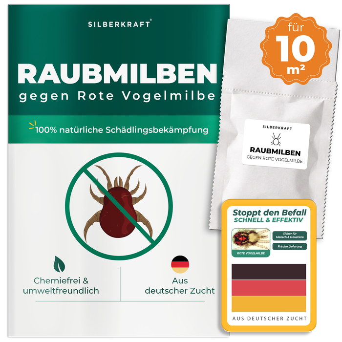 Raubmilben gegen Rote Vogelmilbe für 10 m² Stallfläche – 2 Röhren – Silberkraft