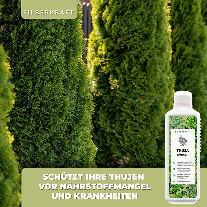 Thuja Dünger - Mineralischer NPK Flüssigdünger mit Stickstoff - Dünger für Thuja-Hecken - Koniferen Dünger - Silberkraft