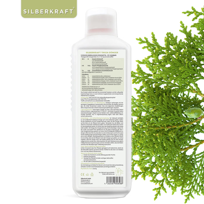Thuja Dünger - Mineralischer NPK Flüssigdünger mit Stickstoff - Dünger für Thuja-Hecken - Koniferen Dünger - Silberkraft