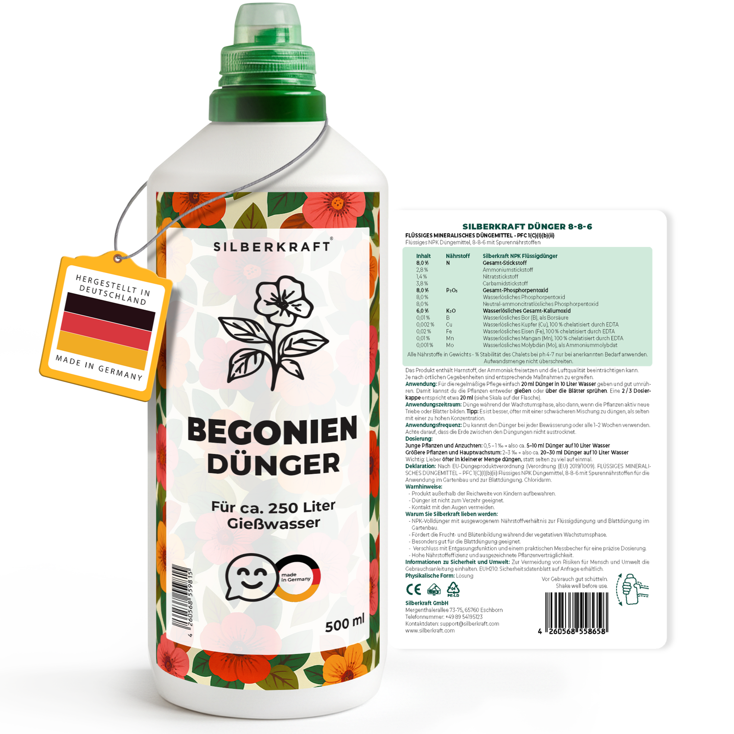 Begoniendünger – Mineralischer NPK Flüssigdünger mit Stickstoff – Dünger für Begonien – Balkon- & Zimmerpflanzen-Dünger - Silberkraft