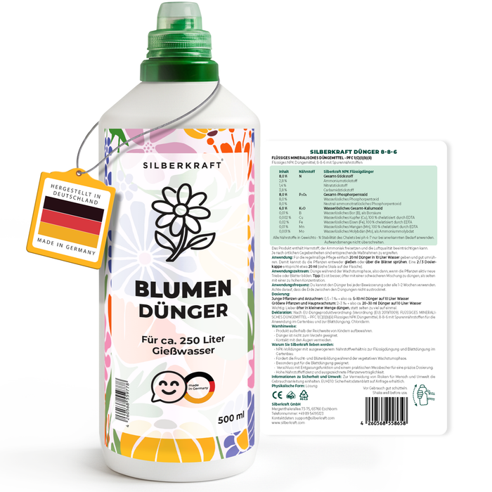 Blumendünger – Mineralischer NPK Flüssigdünger mit Stickstoff – Dünger für Blühpflanzen & Gartenblumen – Universeller Blühpflanzen-Dünger - Silberkraft