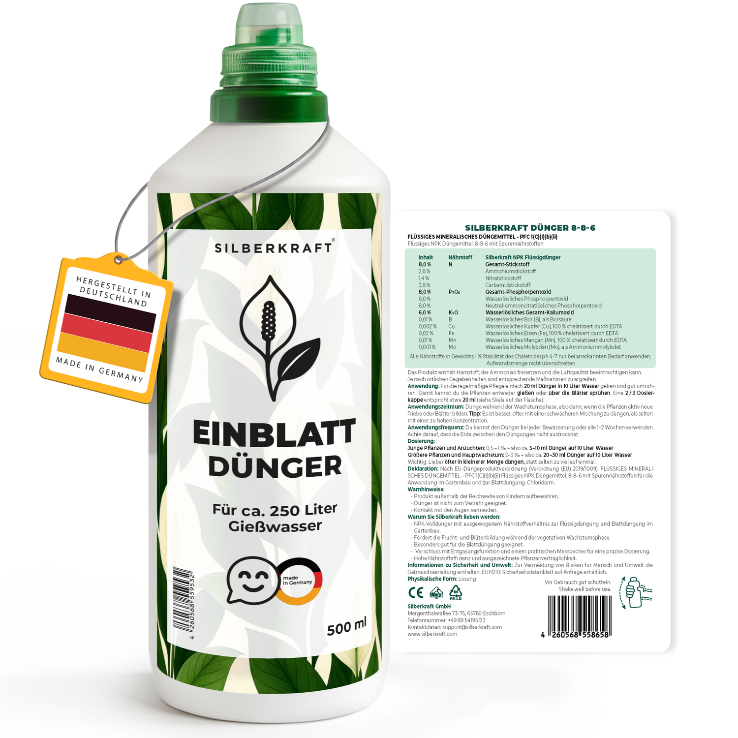 Einblattdünger – Mineralischer NPK Flüssigdünger mit Stickstoff – Dünger für Einblatt (Spathiphyllum) – Zimmerpflanzen-Dünger - Silberkraft