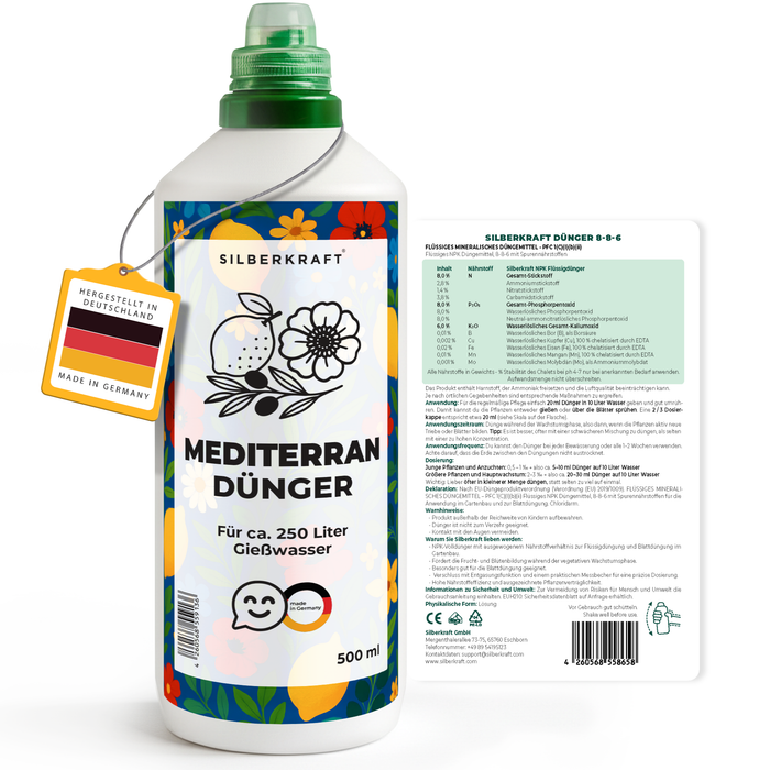Mediterrandünger – Mineralischer NPK Flüssigdünger mit Stickstoff – Dünger für mediterrane Pflanzen – Zitruspflanzen- & Kübelpflanzen-Dünger - Silberkraft