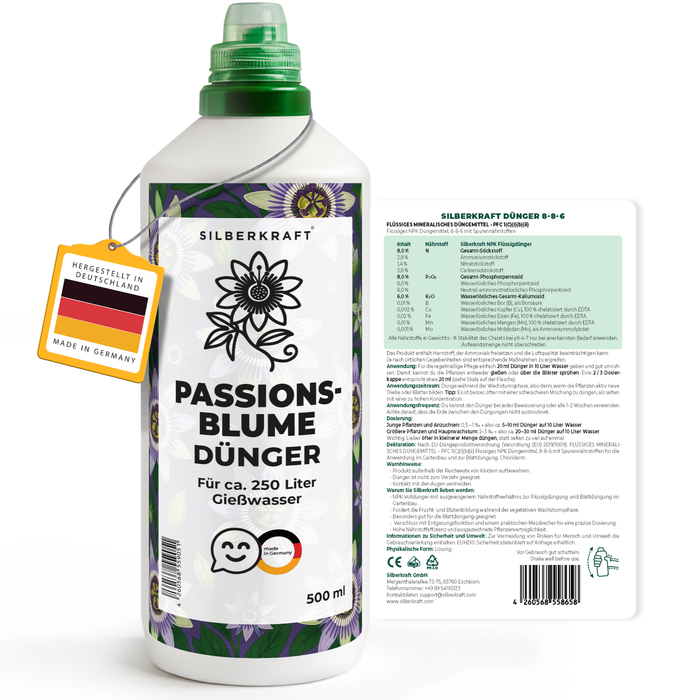 Passionsblumendünger – Mineralischer NPK Flüssigdünger mit Stickstoff – Dünger für Passionsblumen (Passiflora) – Kletterpflanzen-Dünger - Silberkraft